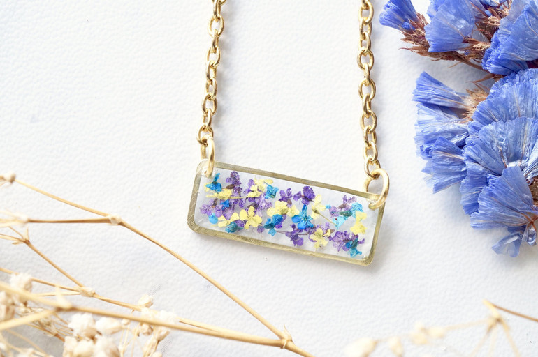 Real Dried Flowers and Resin Necklace, Gold Bar in Purple Yellow Blue