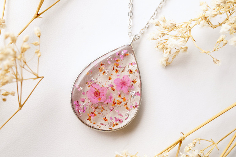 Real Dried Flowers and Resin Necklace, Silver Teardrop in Pink Orange and Silver Foil