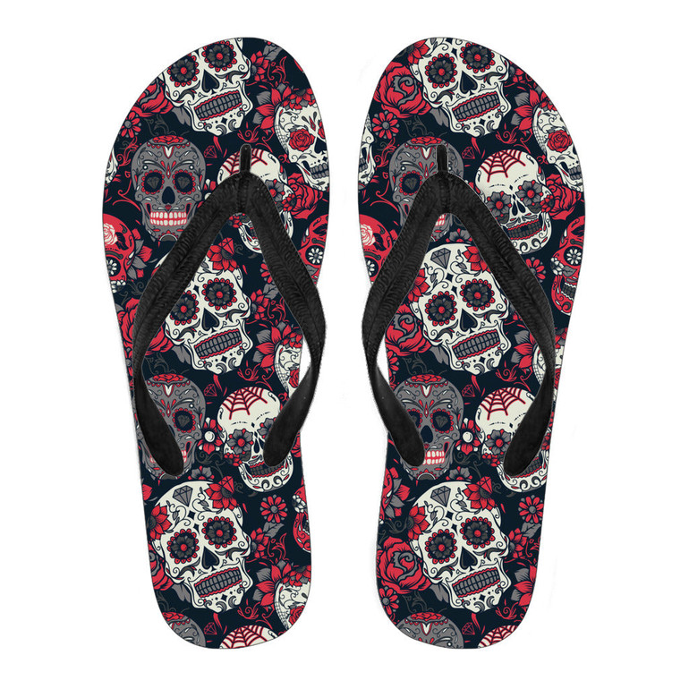 Red & White Sugar Skull Flip Flops