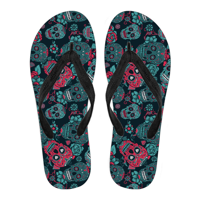 Red & Blue Sugar Skull Flip Flops