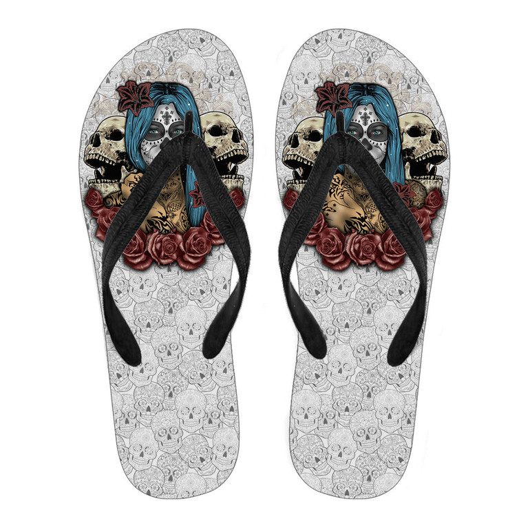 Blue Hair Sugar Skull Flip Flops