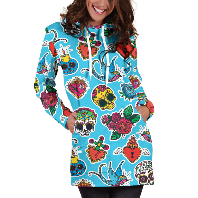 Blue Candle Skull Women's Hoodie Dress