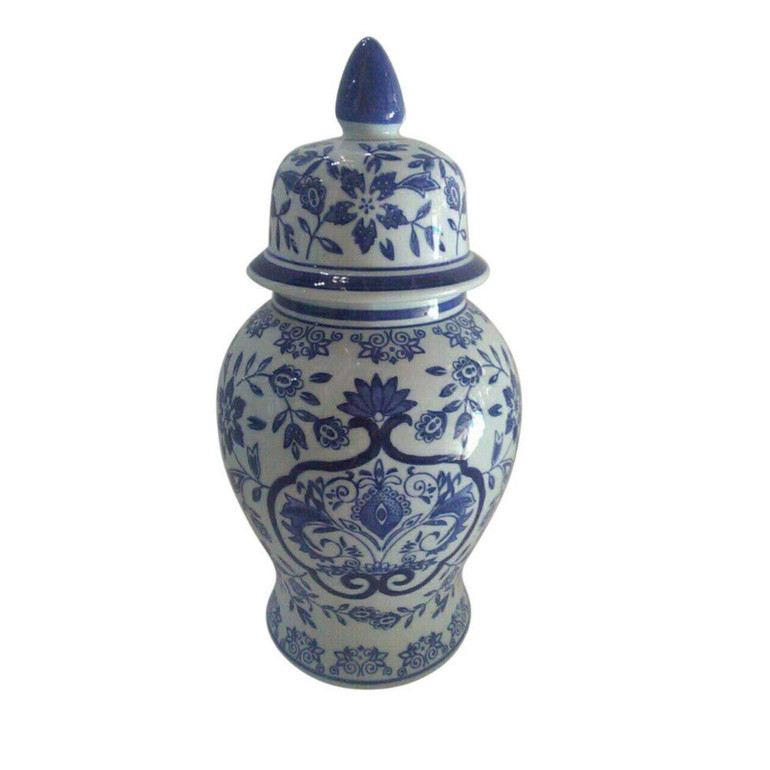 Traditional Ceramic Covered Temple Jar, Blue And White