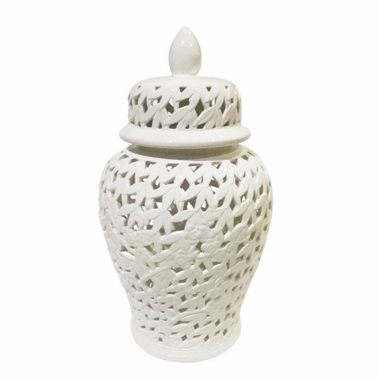Elegantly Styled Pierced Ceramic Temple Jar, White