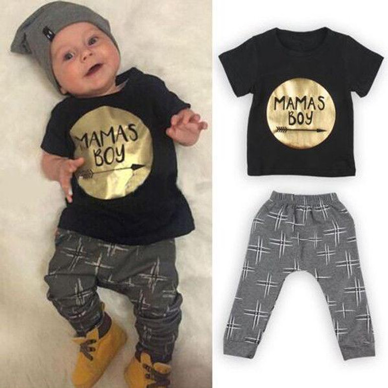 2Pcs Newborn Toddler Baby boys girls Infant Clothes Golden Letter Mamas Boys Printed Jumpsuit Outfit Sets 0-24M UK