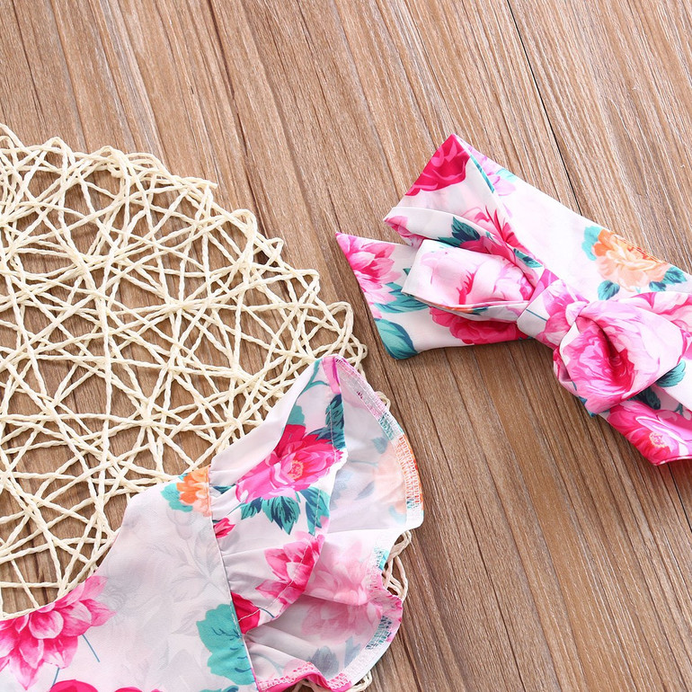 2PCS Newborn Baby Girls Floral Clothing Ruffles Skirted Kids Jumpsuit Headband Infant Bebes Sunsuit Outfits Clothes