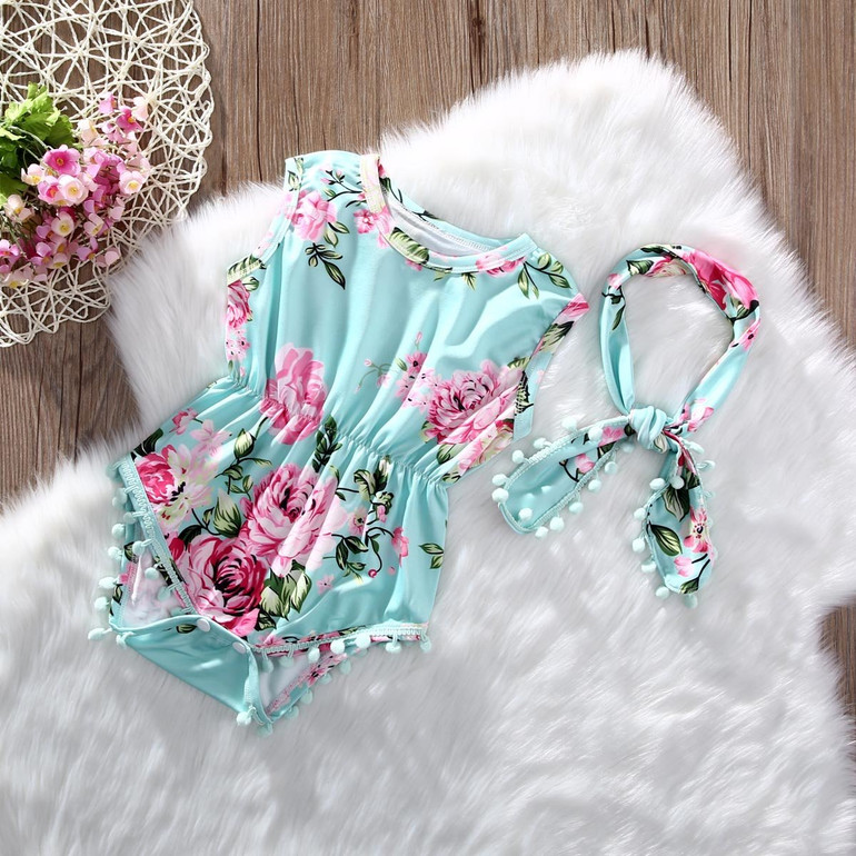 2PCS Newborn Baby Girls Floral Bodysuit Headband Sets Tassels Sleeveless SummerTops Sunsuit Headwear Clothes Infant Outfits