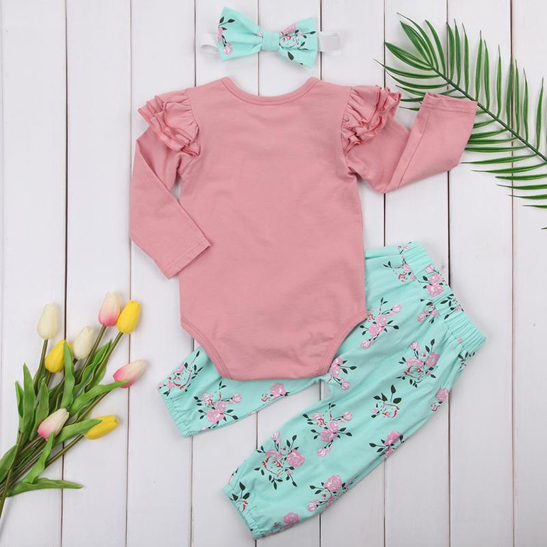 Cute Newborn Infant Baby Girl Clothes Ruffles Long Sleeve Pink Romper Tops+Floral Pant Bow Headband 3PCS Outfit Kid Clothing Set