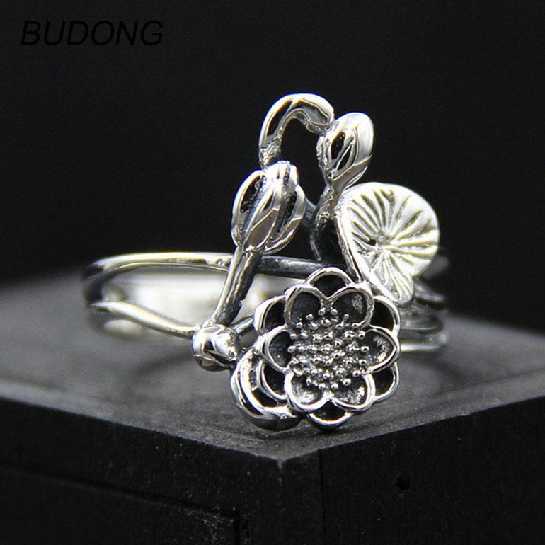 BUDONG 2017 Vintage Lotus Leaf Resizable Adjustable Silver Ring Fine Jewelry Retro Thailand 925 Sterling Silver Rings for Women