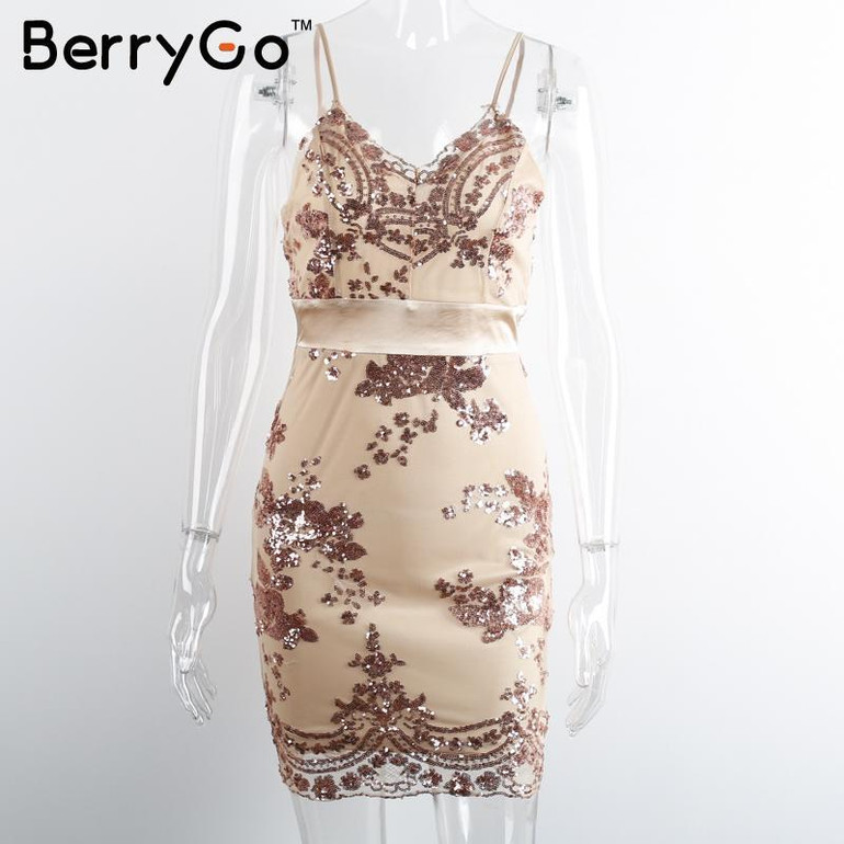 BerryGo Elegant sequin evening party dress Women sexy deep v neck bodycon dress short christmas dress mesh beach summer vestidos