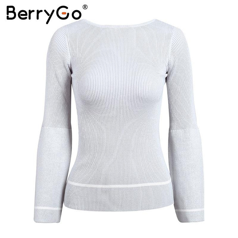 BerryGo Elegant knitted pullover sweater Women warm gray long sleeve jumper Autumn winter 2017 black knitting o neck pull femme