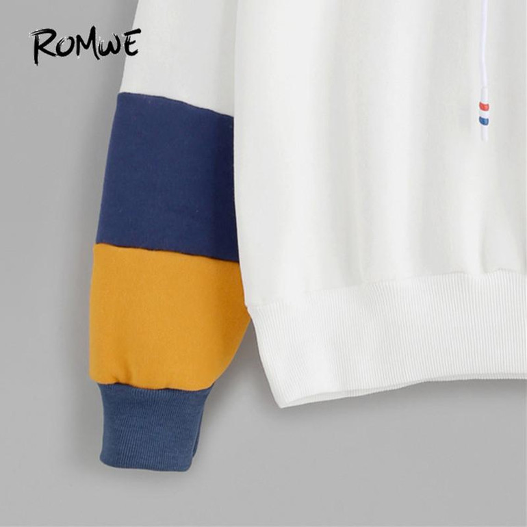 ROMWE Womens Clothing Hoodies for Women Casual Loose Cotton Hoodie White Contrast Cactus Embroidery Drawstring Hooded Sweatshirt