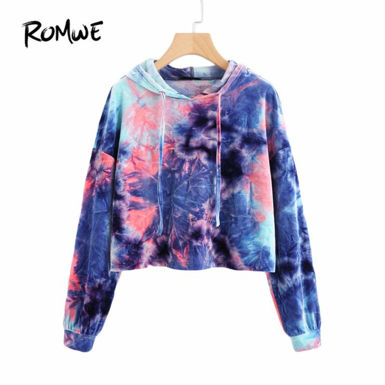 ROMWE Tie Dye Velvet Crop Hoodies 2017 Multicolor Long Sleeve Women Boho Hooded Sweatshirt Spring Fall New Funny Casual Hoodies