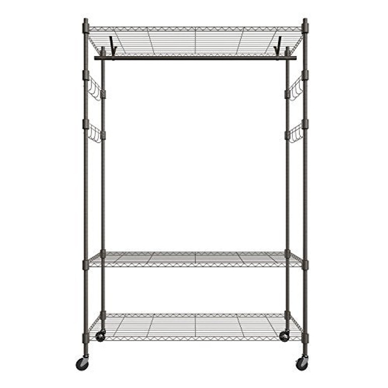 PaPafix Heavy Duty Wire Shelving Unit Garment Rack,Portable Clothes Closet Wardrobe Storage Organizer, with Hanger Bar Wheels+2 Pair Side Hooks, Gray