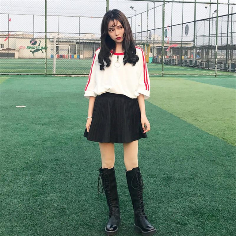 2018 Korea Ulzzang Women Long T shirts Japanese Harajuku Fashion Retro Split Female T-shirt Gothic Striped Short Sleeve Tee Tops
