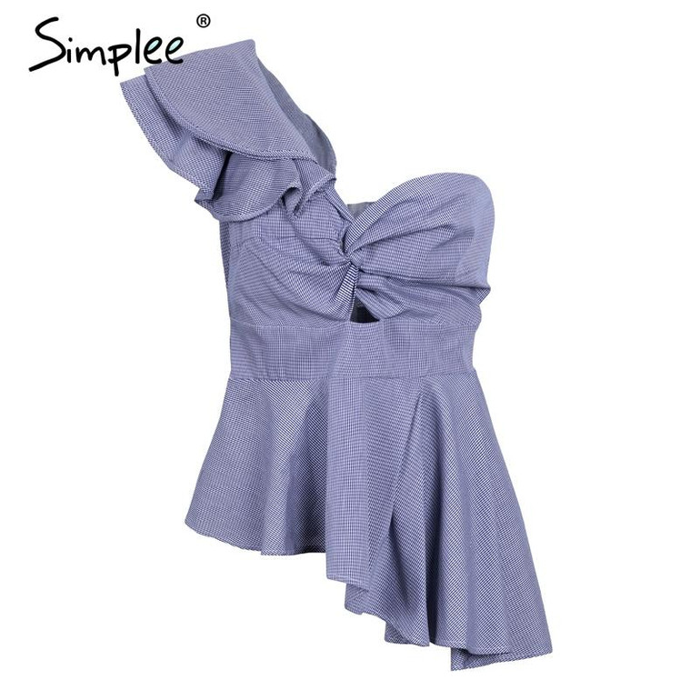 Simplee Ruffle one shoulder plaid sexy blouse shirt Women irregular casual blouse Backless summer blouse feminine chemise 2018