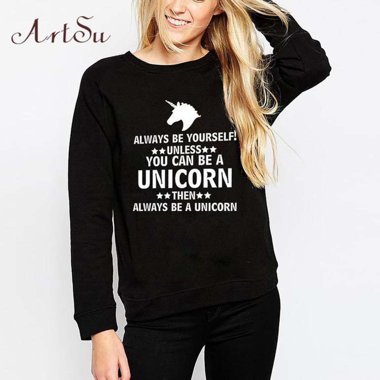 ArtSu Letter Printed Hoodies Sweatshirt Unicorn Kawaii Pullover Women Hoodie Autumn Winter Black Kpop Clothes ASHO20115