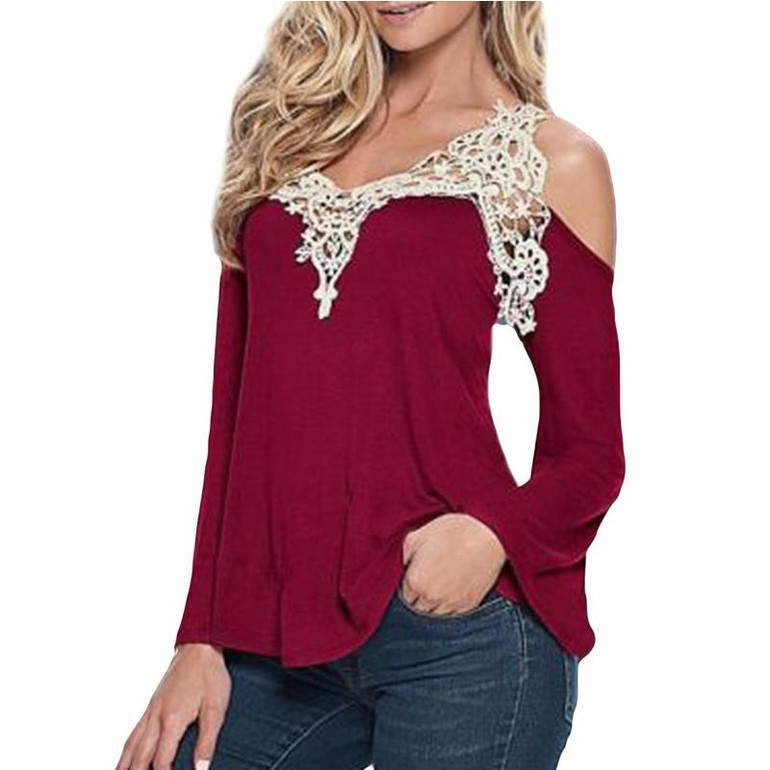 5XL Sexy Lace Crochet V Neck Women Blouse 2017 Autumn Casual Shirts Long Sleeve Blusas Cold Shoulder Top Shirt Plus Size LX053