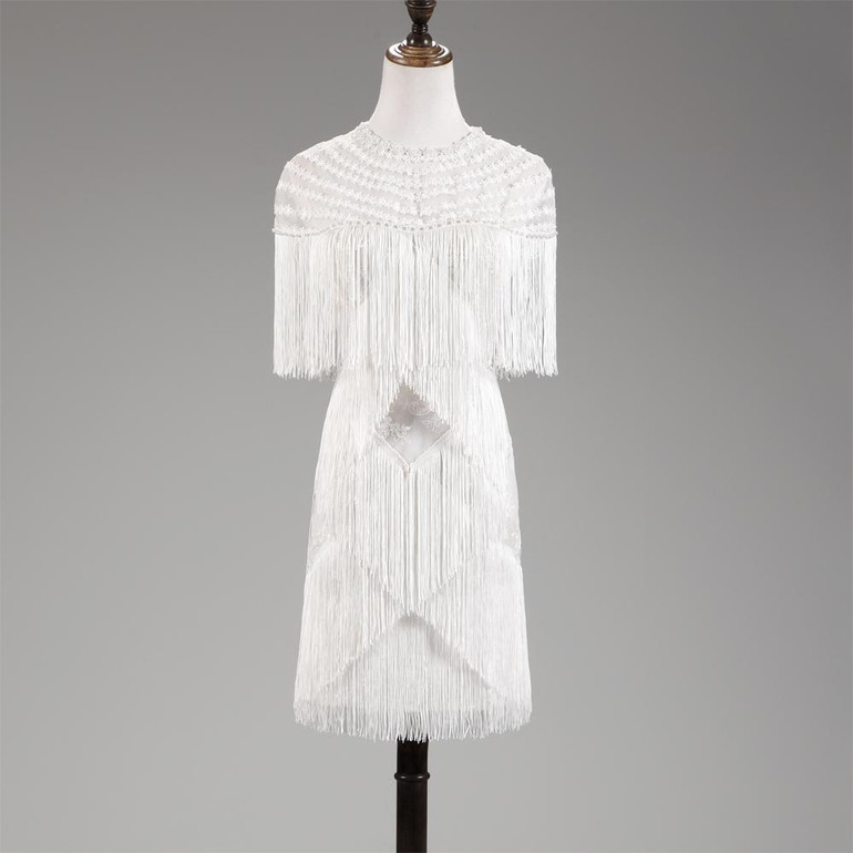 BeryLove Sexy Short White Cocktail Dresses 2018 Mini Beaded Tassel Sheath Cocktail Party Dresses Sheer Women Prom Party Gowns