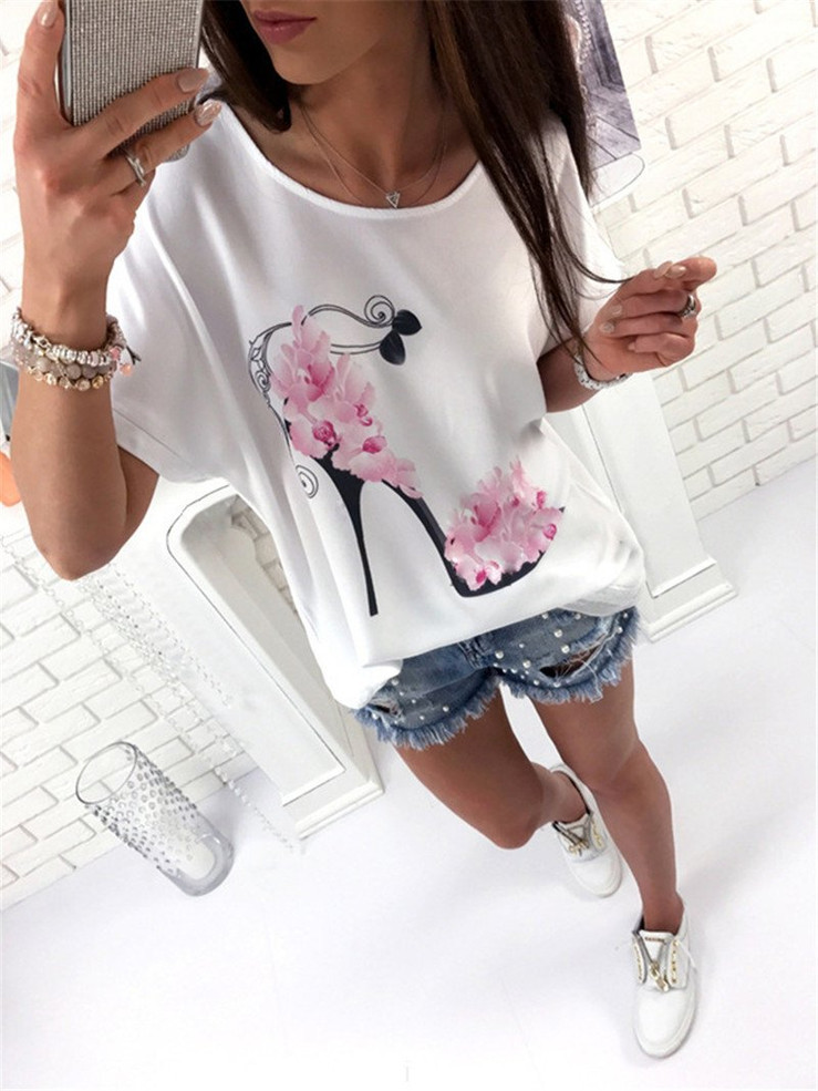 2018 Summer Women Tops T-Shirts Floral Print Short Sleeve O-Neck Ladies Tops Tees Fashion Casual Loose Large Size Female T-Shirt