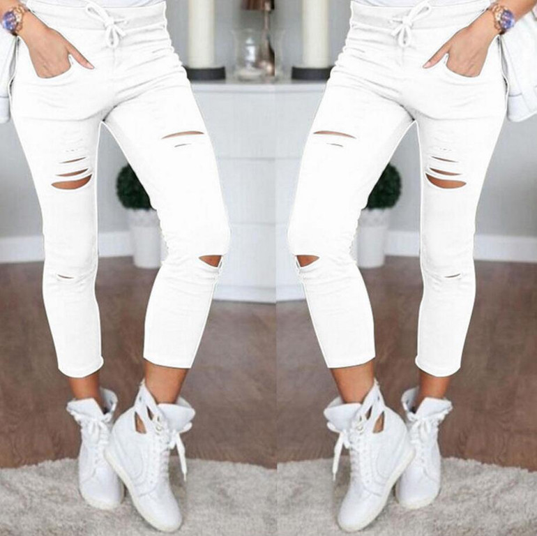 New 2018 Skinny Jeans Women Denim Pants Holes Destroyed Knee Pencil Pants Casual Trousers Black White Stretch Ripped Jeans ~~