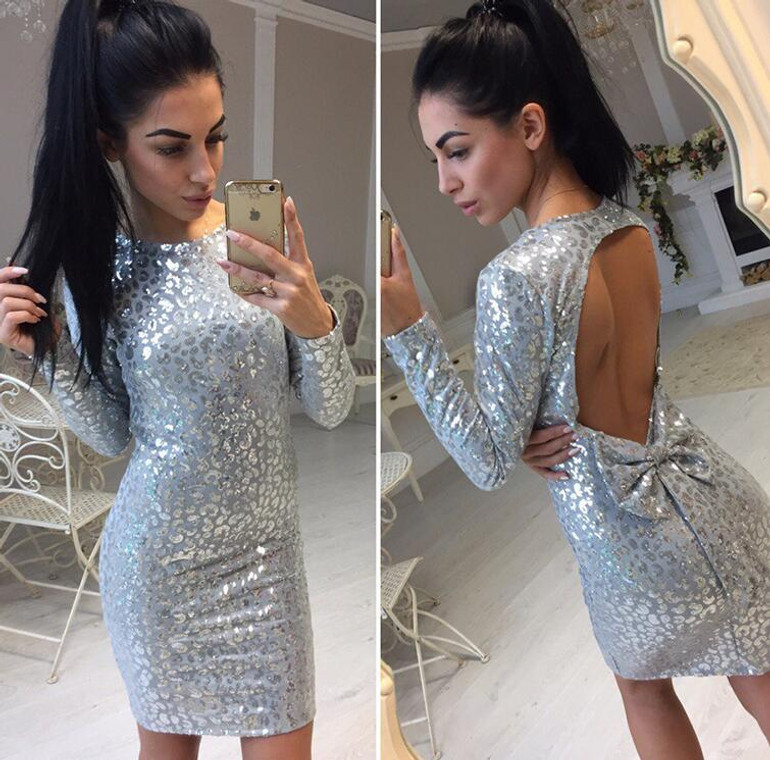 2018 autumn winter new fashion women dresses sexy club long sleeve o-neck dress slim Bowknot Gold blue black mini dress