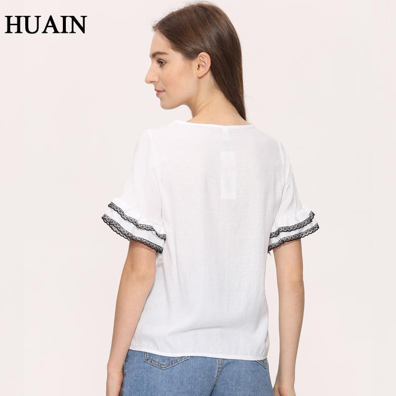 Lace Cotton linen blouse shirt women Flare Sleeve white Shirt summer 2017 new korean Plus size short sleeve blouse female tops
