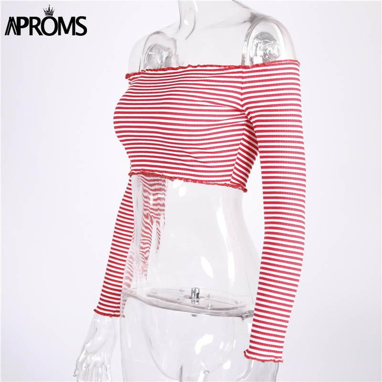 Aproms Elegant Stripe Off Shoulder Cropped T-shirt Women Autumn Long Sleeve Ruffles Crop Top Ladies Elastic Short Tee Red Camis