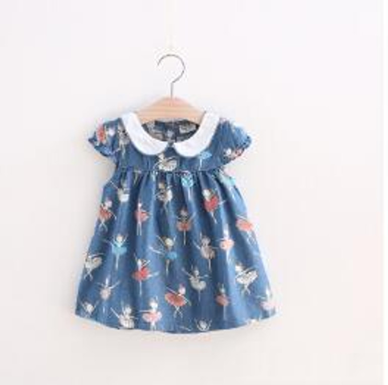 BibiCola 2017 Infant Summer Korean Cartoon Baby Jeans Girls Pastoral Dress Princess Clothing Printed Girl Kids Casual Dress