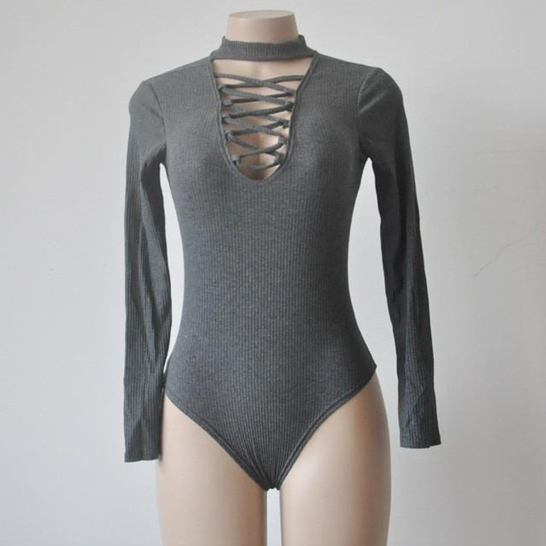 2016 Knitted lace up bodysuit high neck women jumpsuit sexy club bodycon bodysuit women tops cut out party blouse black blusa