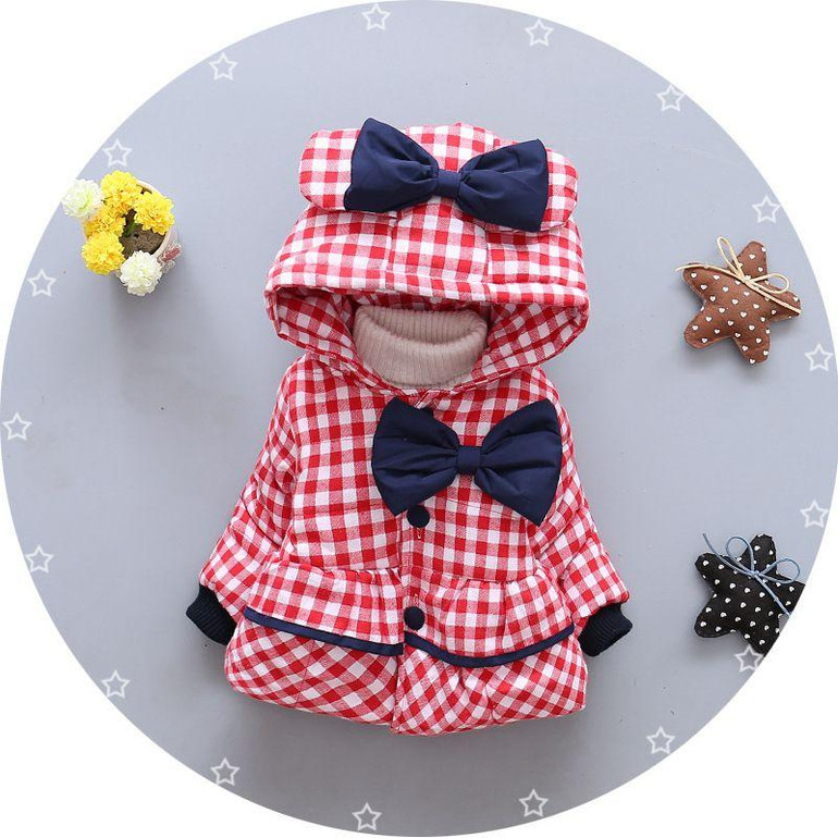 Warm Winter Baby Girls Hooded Plaid Bow Thick Snow Wear Outerwear Coat Kids Parkas casaco