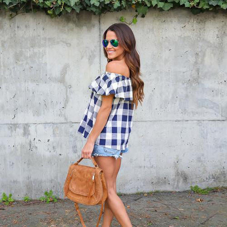 Feitong Women Ladies Sexy Blouses Fashion Summer Off Shoulder Plaid Print Blouse Casual Tops Short Sleeve Shirt blusas feminina