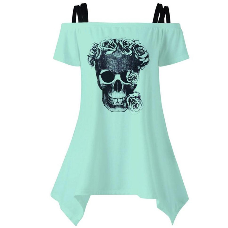 feitong t-shirt women 2018 plus size women clothing slash neck top women skull top short sleeve shirt sexy &amp; club print t shirt
