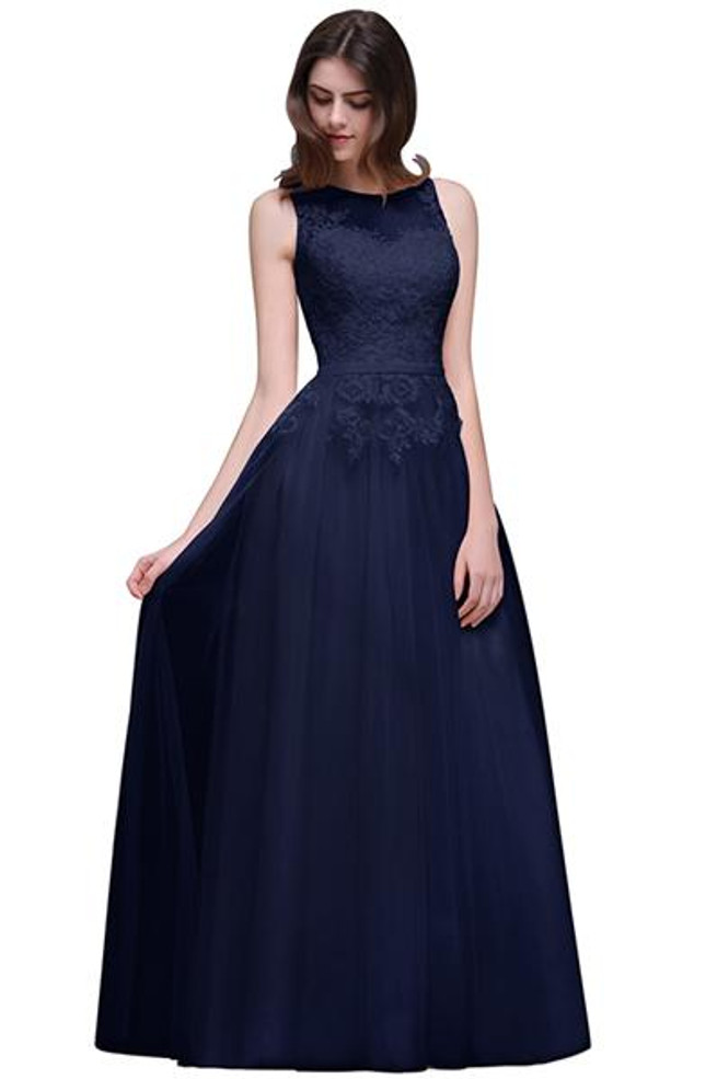 Babyonline In Stock Pink Royal Blue Long Prom Dresses 2018 Tank Appliqued Lace Chiffon Evening Party Dress vestido de festa