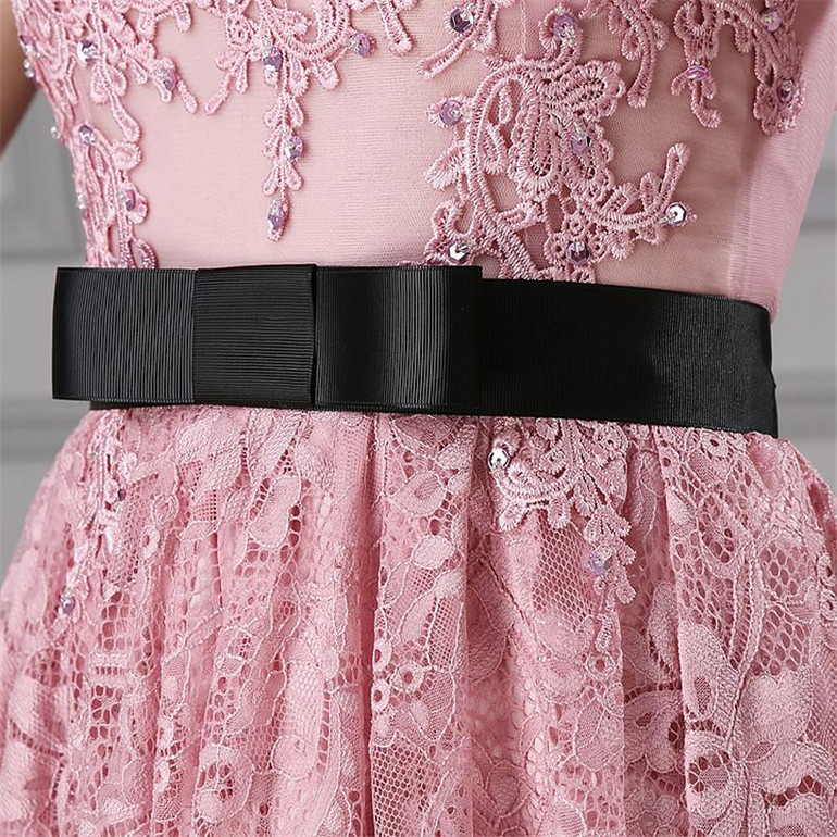 It's YiiYa New Pink Illusion Short Sleeves Flowers Zipper Lace Cocktail Dress Knee Length Formal Dress Party Gown LX132