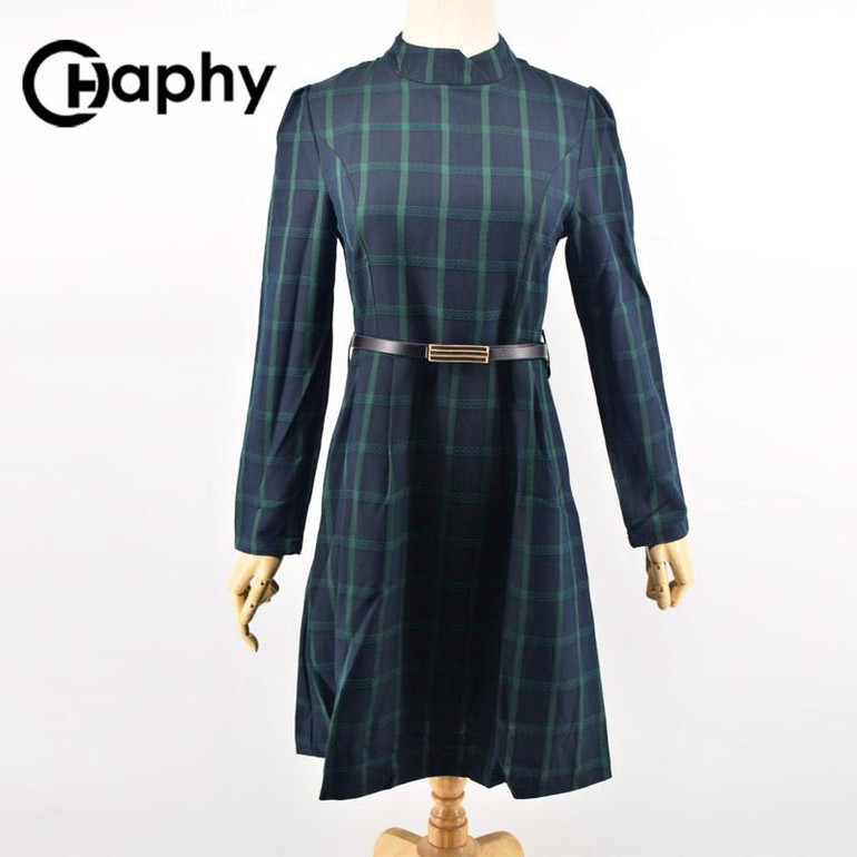 A-Line Green Plaid Dress 2018 Autumn Waist Belt Slim Plaid Dresses Puff Sleeve Plaid Dress Plus Size Office Lady Plaid Dresses