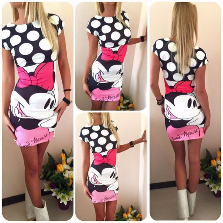 2018 New Summer Dresses Women Cute Casual Half Sleeve Print Cartoon Dress Sexy Party Slim Mini Sheath Pencil Dress Vestidos Robe