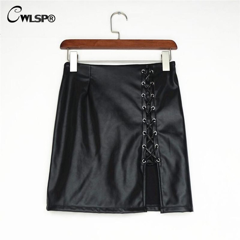 CWLSP  Black Lace Up PU Leather Skirts 2017 Spring  Autumn Womens Side Split Pencil Skirts Vintage  Bodycon Mini Skirt QZ1820