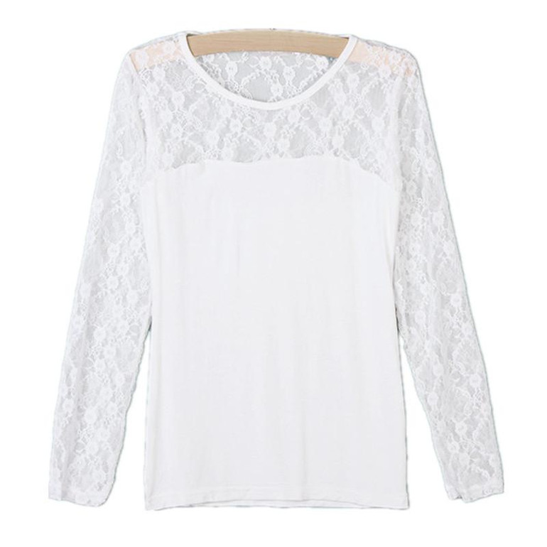 Blusas Femininas 2018 Spring Summer Women Sexy Shirt Tops Lace Patchwork Long Sleeve O Neck Casual Blouse Black White Plus Size