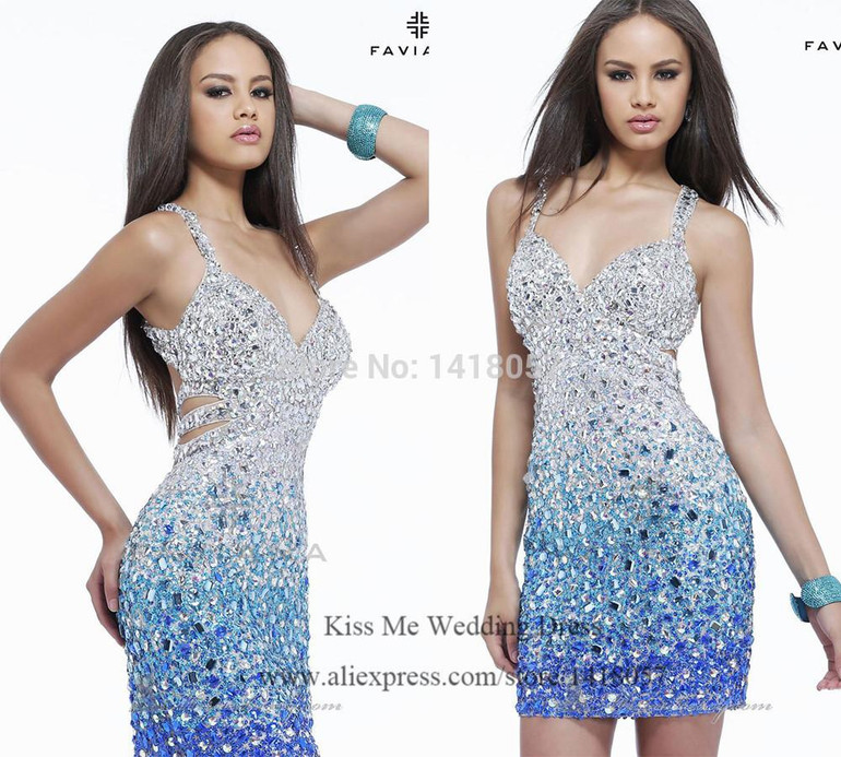 Luxury Sparkly Blue Rhinestones Crystal Cocktail Party Dress Short Robe de Cocktail 2015 Christmas Homecoming Dress to Party