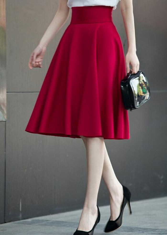 High Waist Pleat Elegant Skirt Green Black White Knee-Length Flared Skirts Fashion Women Faldas Saia 5XL Plus Size Ladies Jupe