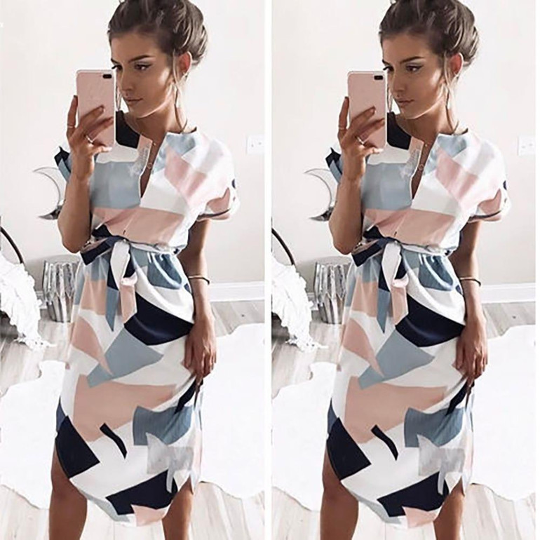 2017 Summer Dress Women Elegant OL Work Dress Casual V Neck Short Sleeve Geometric Prints Loose Dress