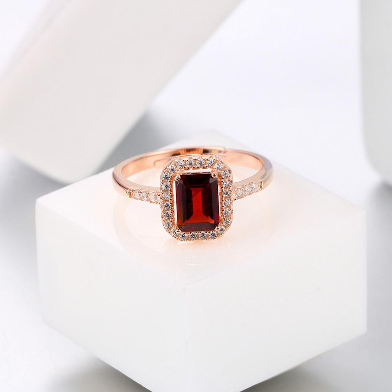 MoBuy MBRI009 Square Cut Red Garnet Adjustable Ring 925 Sterling Silver Rose Gold Plated Natural Gemstone Fine Jewelry For Women