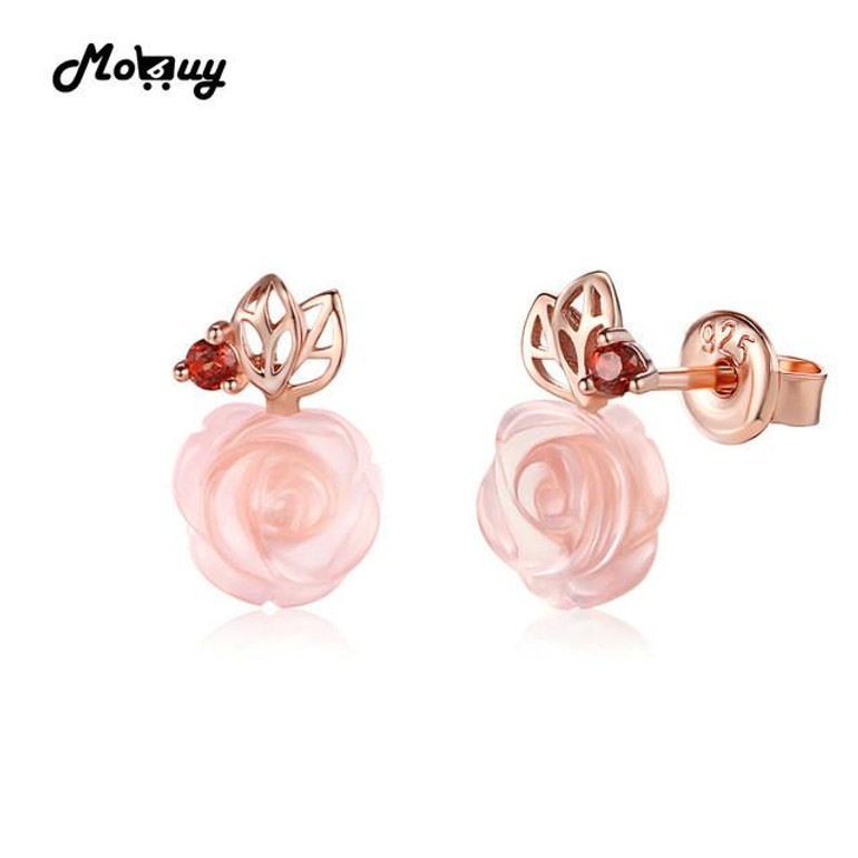 MoBuy MBEI015 Cute Flower Cut Natural Gemstone Rose Quartz Stud Earrings 925 Sterling Silver Gold Plated Fine Jewelry For Women