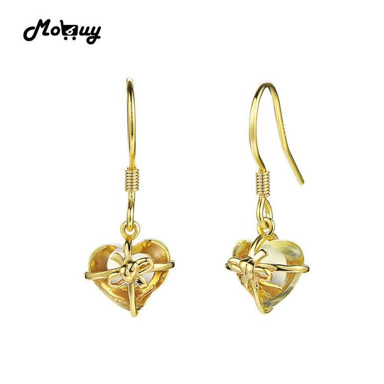 MoBuy MBEI013 Love Heart Gemstone Citrine Drop/Dangle Earrings 925 Sterling Silver 14K Yellow Gold Plated Fine Jewelry For Women