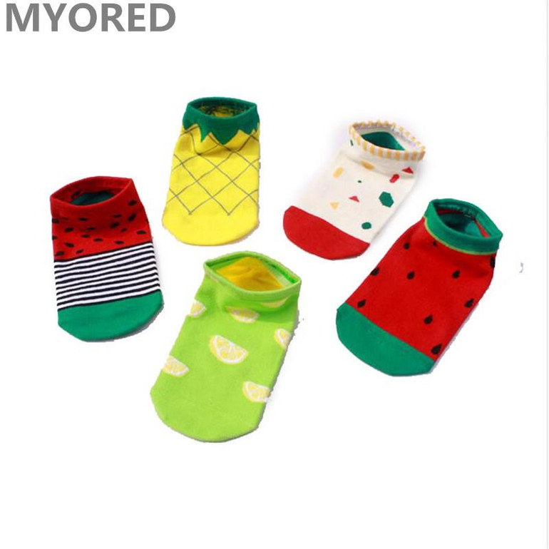 MYORED 5pairs/1 Lot women cartoon cotton sock slippers female lady girls candy colored fruit watermelon ankle sock invisible