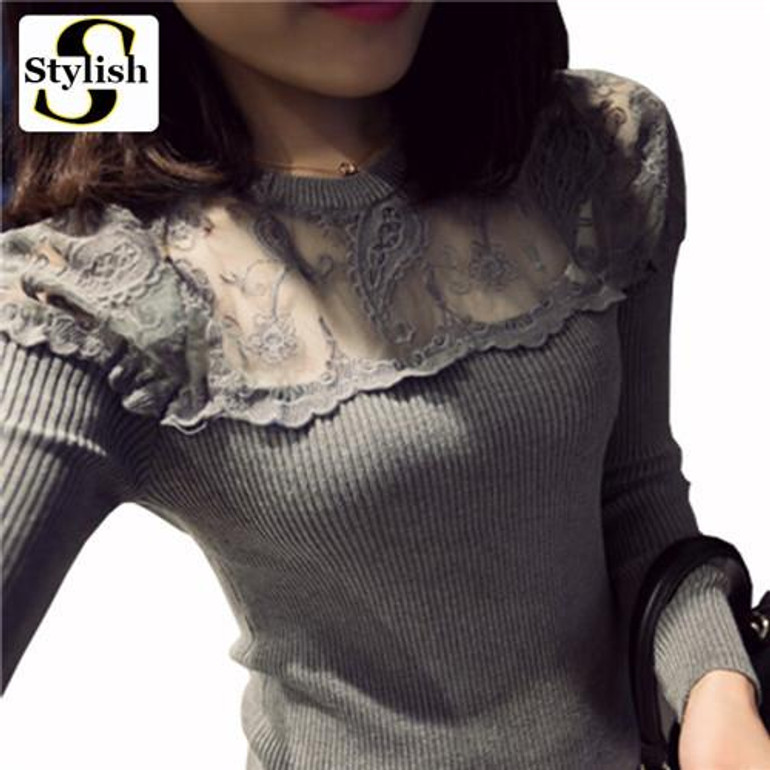 Long Sleeve Blouses Shirts Female Knitted Lace Blouse Women Blouses 2016 Autumn Winter New Fashion Sexy Perspective Tops Blusas