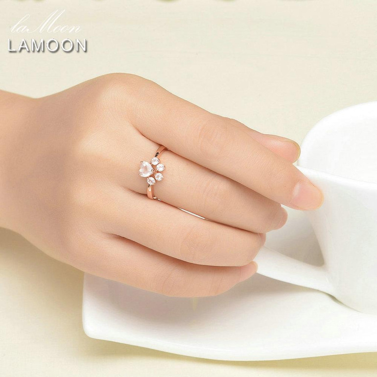 LAMOON Bear's Paw 100% Natural Gemstone Pink Rose Quartz Rings For Women 925 Sterling Silver Fine Jewelry Wedding Band Ring