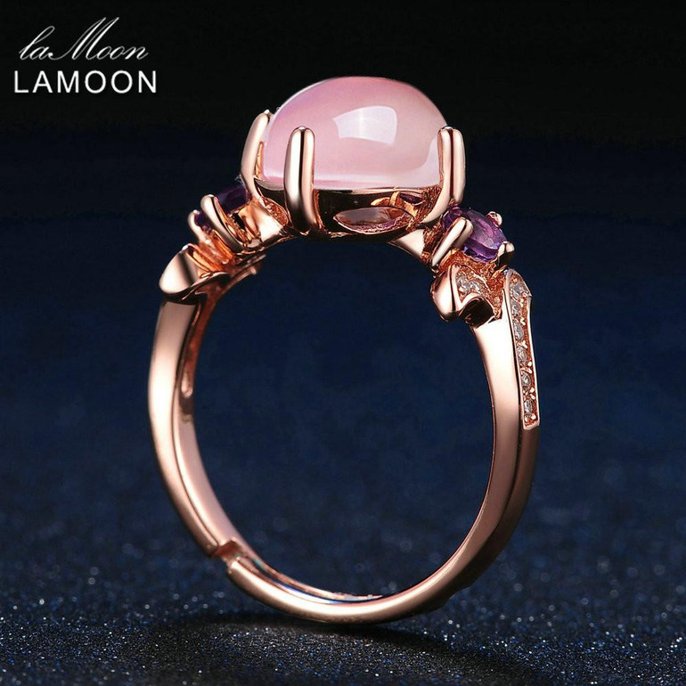 LAMOON 8x10mm 100% Natural Oval Pink Rose Quartz Ring 925 Sterling Silver Jewelry Rose Gold Romantic Wedding Band LMRI017