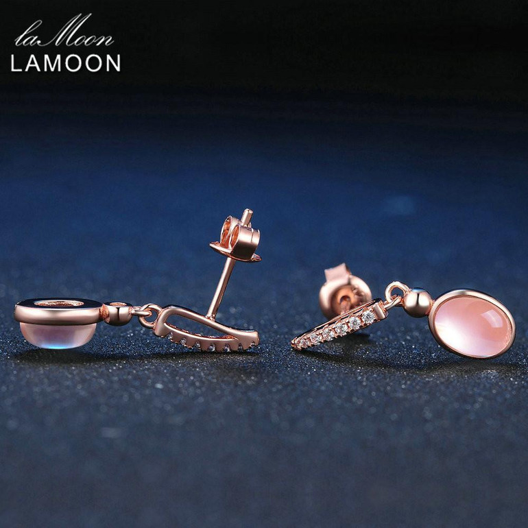 LAMOON 5x7mm 100% Natural Pink Rose Quartz 925 Sterling Silver Jewelry Rose Gold Plated Drop Earrings S925 LMEI006
